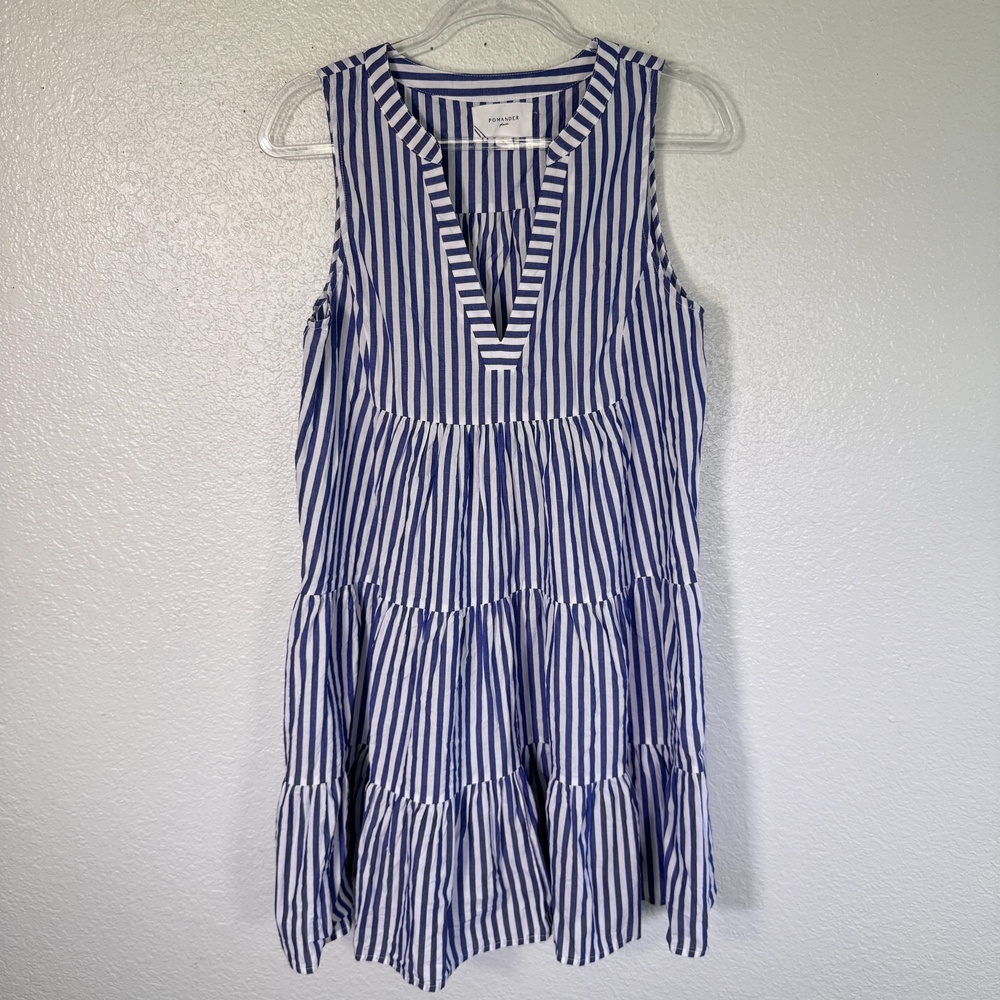 Pomander Place Poplin Kenzo Dress Womens Large Blue Stripe Tiered Tuckernuck